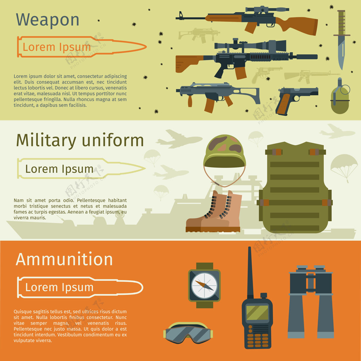 经典军旗或军队背景设置军用弹药和武器与军装插图护目镜手枪子弹