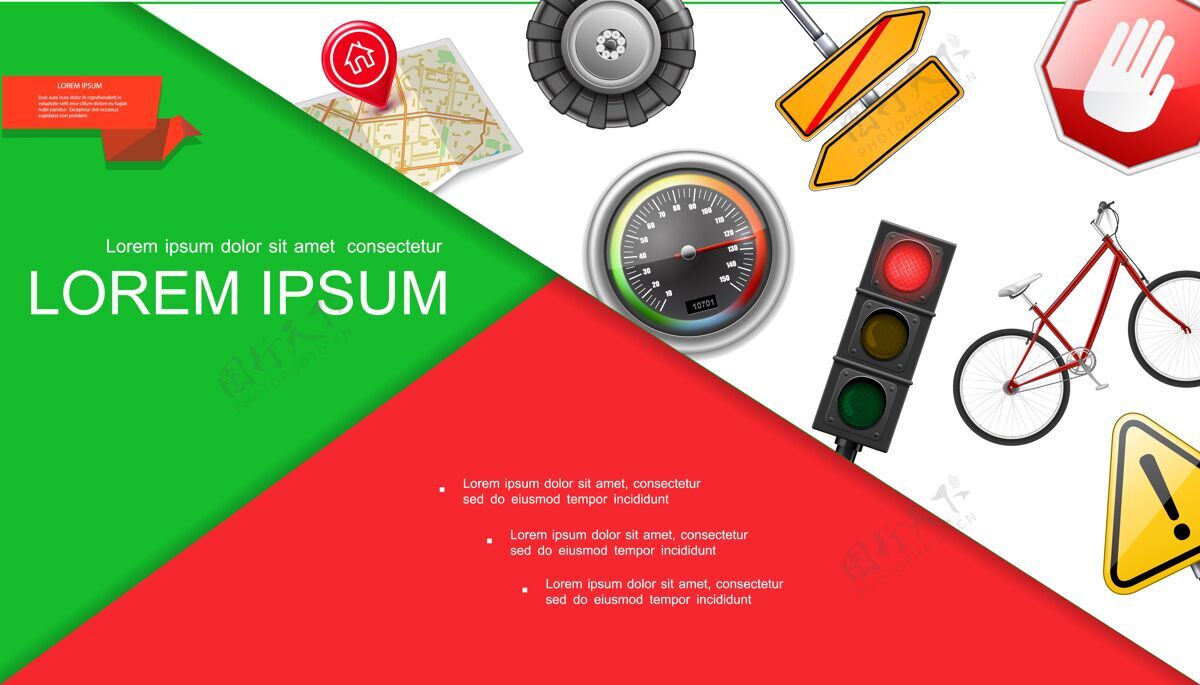 车轮现实的道路和交通组成与交通灯轮胎地图针指针速度表标志牌自行车警告标志插图旅行轮胎速度表