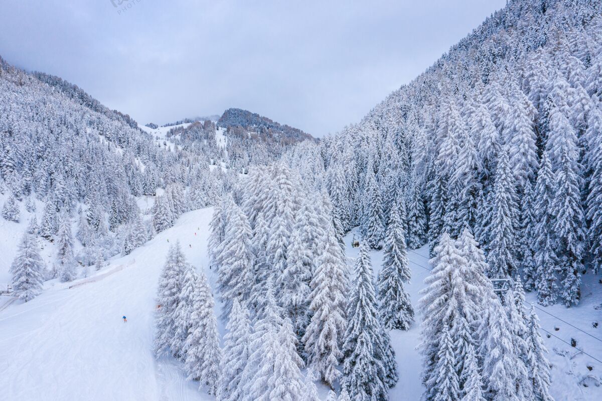 山冬天雪山的美丽镜头高峰树假日