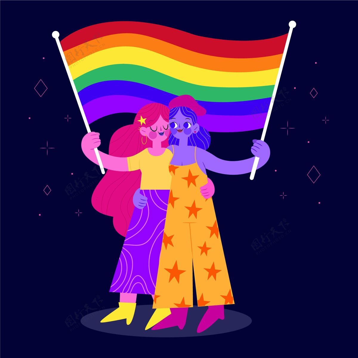 同性恋有机平面女同性恋夫妇与lgbt的旗帜女朋友公寓人