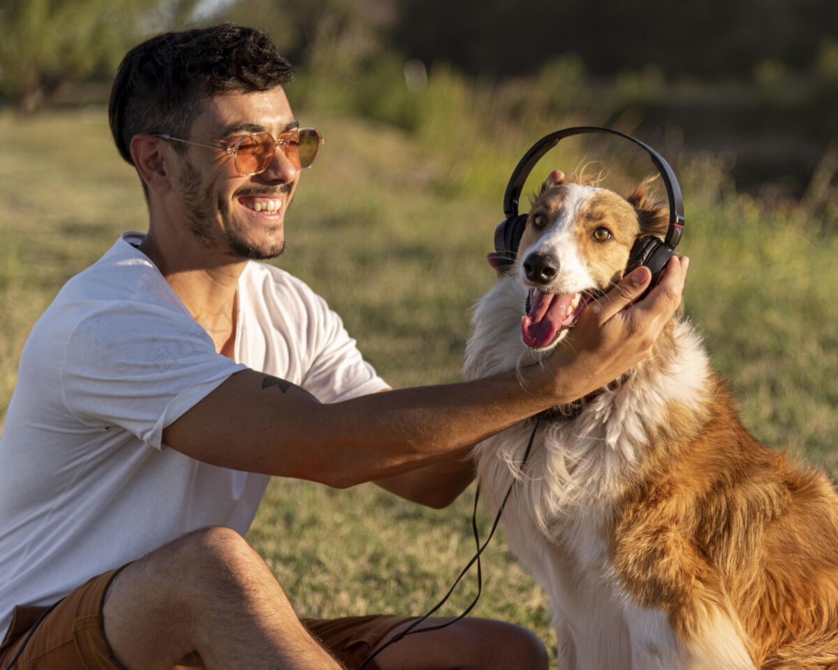 科技带着耳机在海边养狗的年轻人耳机家养海边