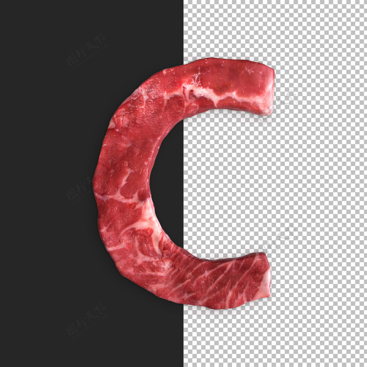 牛肉黑色背景上的肉类字母 字母c牛排文本类型