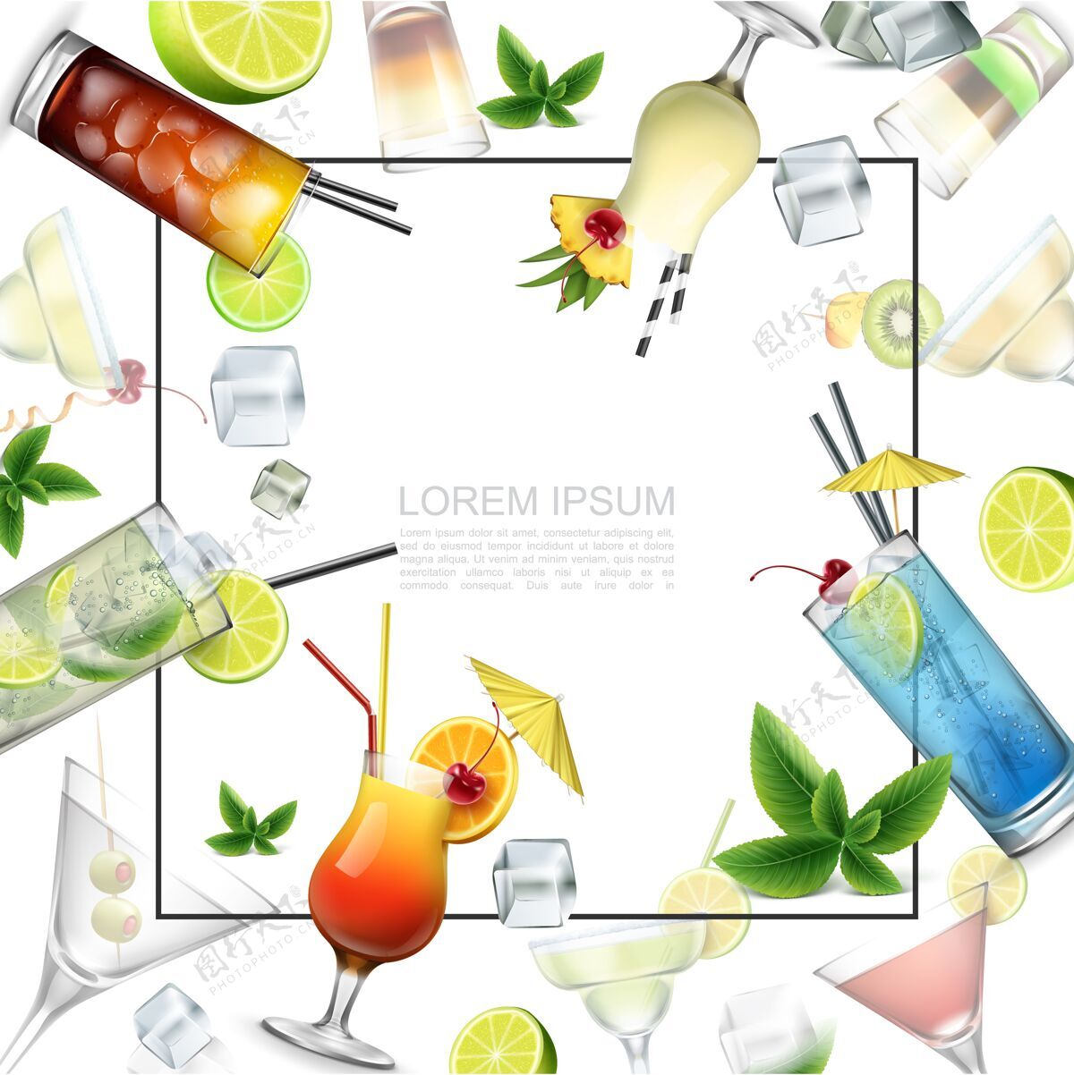 模板现实酒精饮料模板与文本框酒精鸡尾酒射击饮料薄荷叶冰块和水果片冰叶子酒精