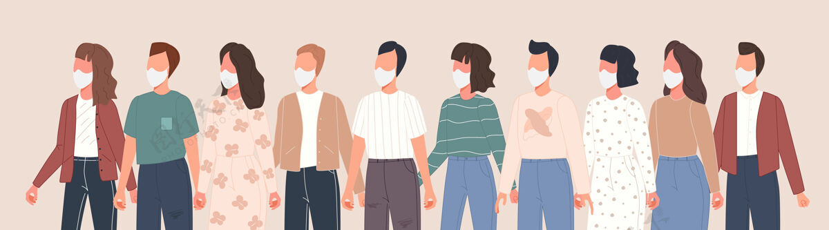 不同横幅上有群人头像戴着医用口罩预防冠状病毒病矢量人物收藏女性流感多样性