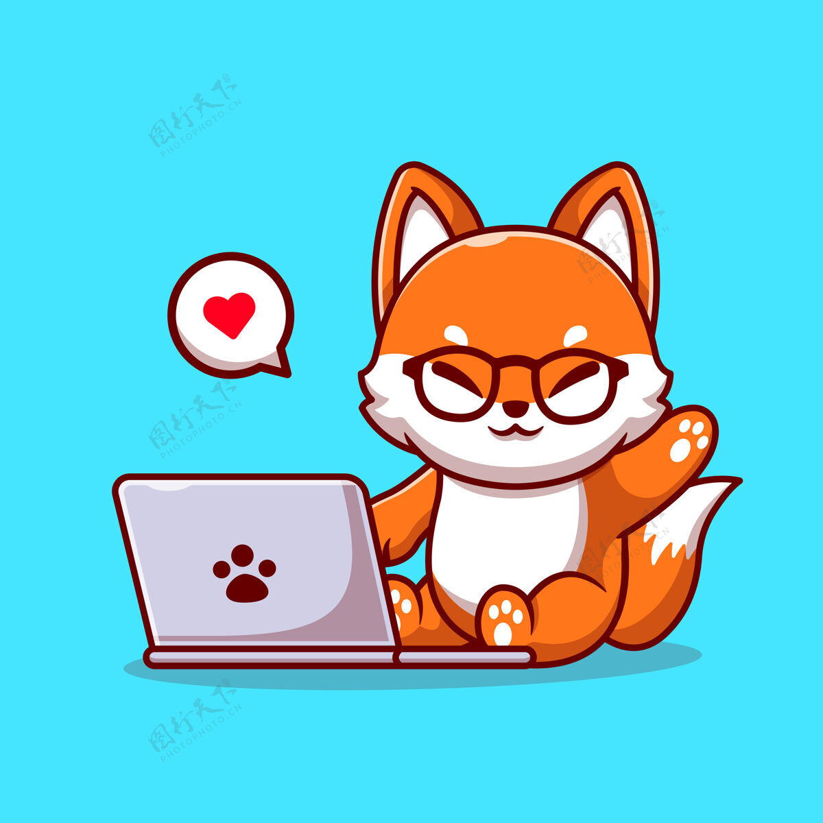 工作区可爱的狐狸操作笔记本电脑卡通插图吉祥物打字开发