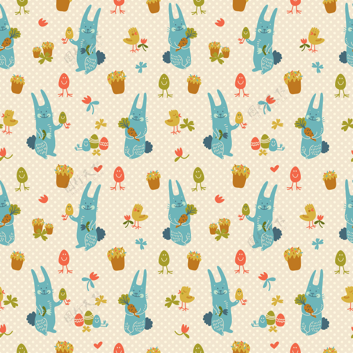 晚餐纹理无缝模式与快乐复活节兔子鸡和花涂鸦无缝图案动物传统