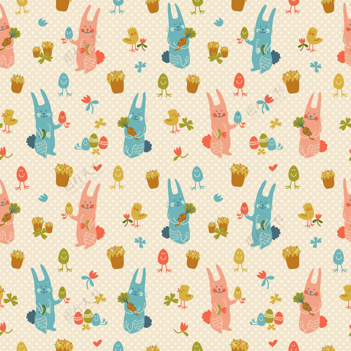 事件有质感的复活节快乐无缝图案 用柔和的颜色与兔子 鸡蛋 胡萝卜和小鸡涂鸦传统小鸡准备打印