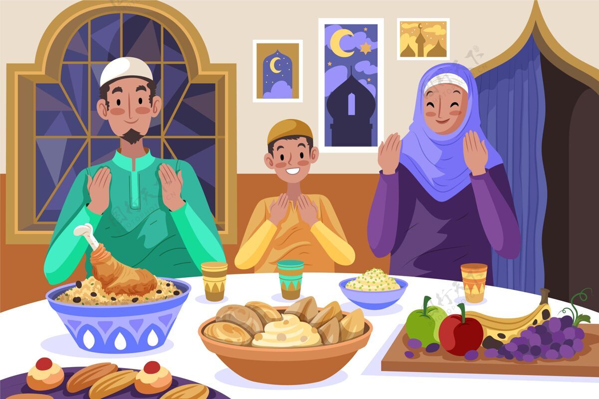美食手绘开斋大餐插图穆斯林膳食伊斯兰