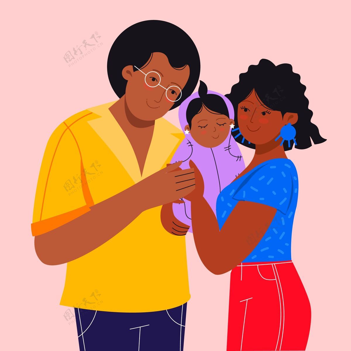 插图平手画的黑人家庭带着孩子家庭年轻小
