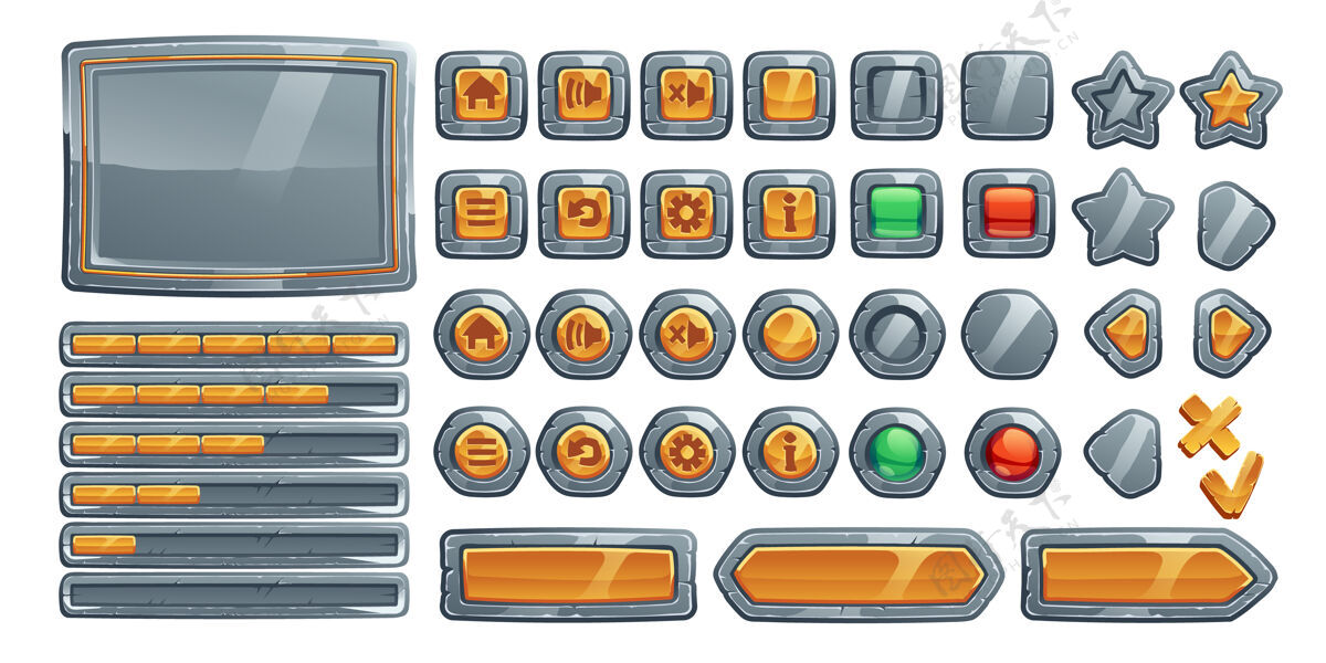 环境游戏按钮 卡通界面的石头 金属和黄金纹理用户界面岩石播放