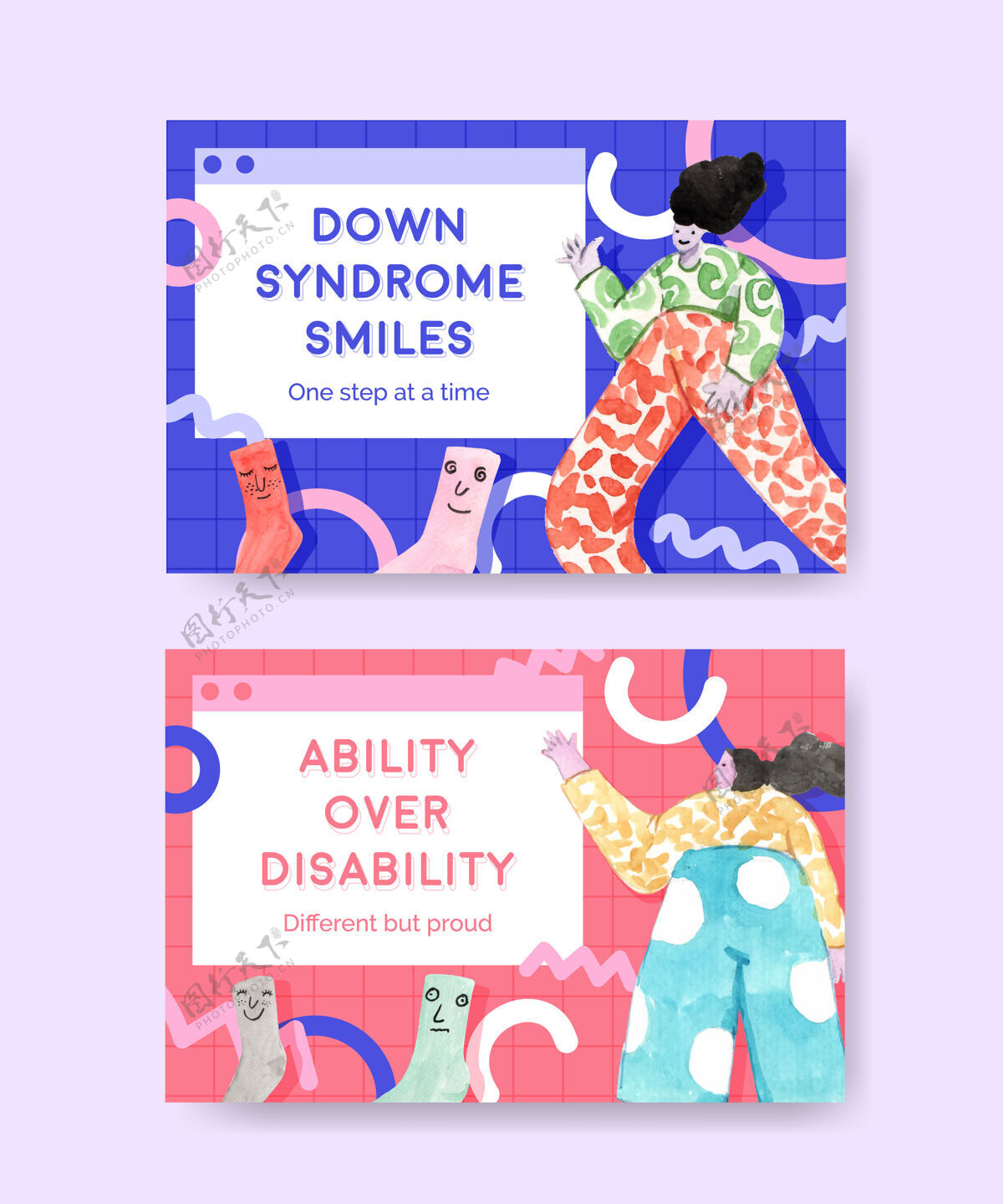 个人社会媒体模板与世界唐氏综合症日概念设计水彩插图支持残疾卡通