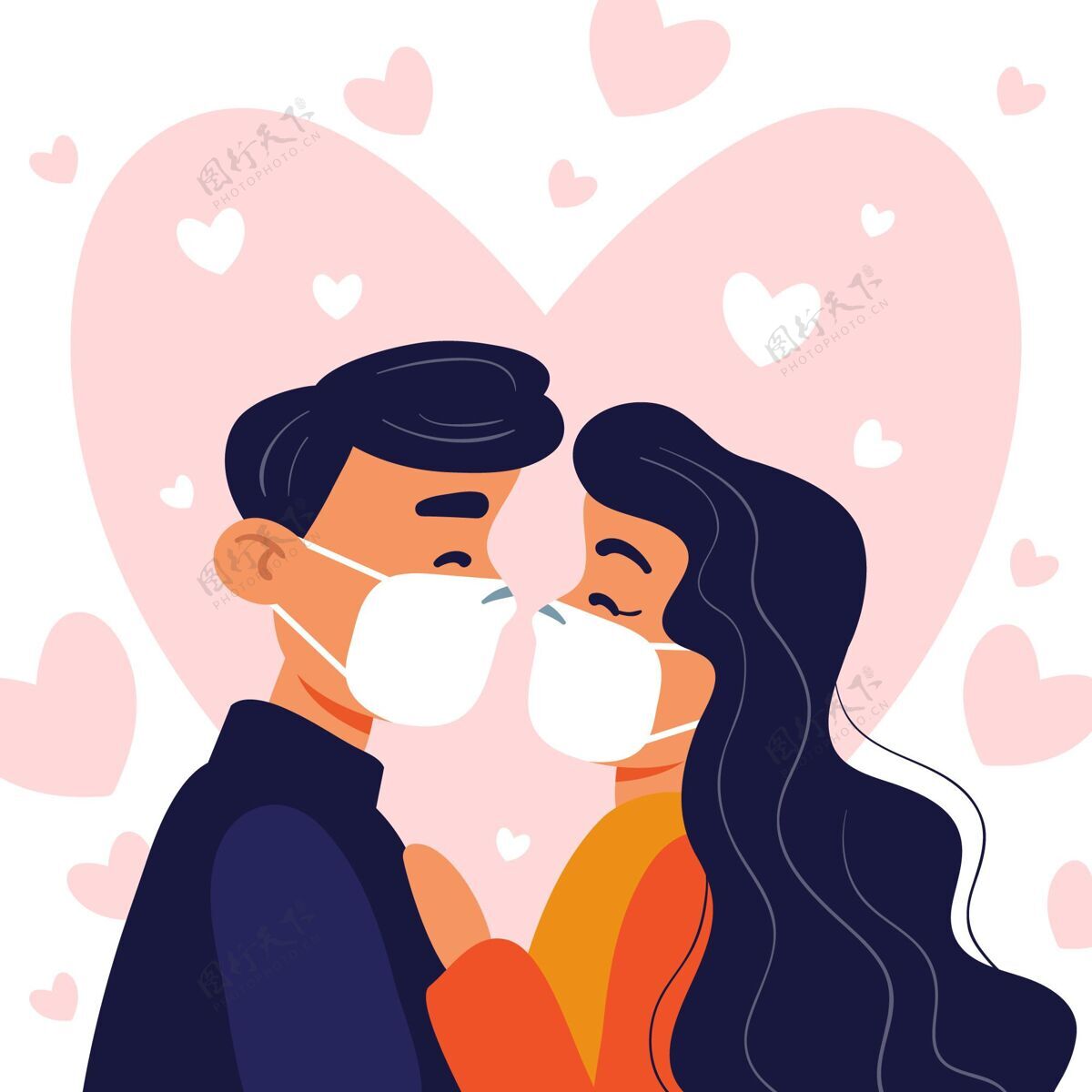 接吻手绘情侣亲吻与covid面具插图冠状病毒面膜情感感情