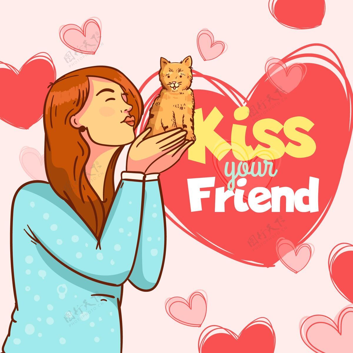 感情平面国际接吻日插图与妇女和猫接吻日爱接吻