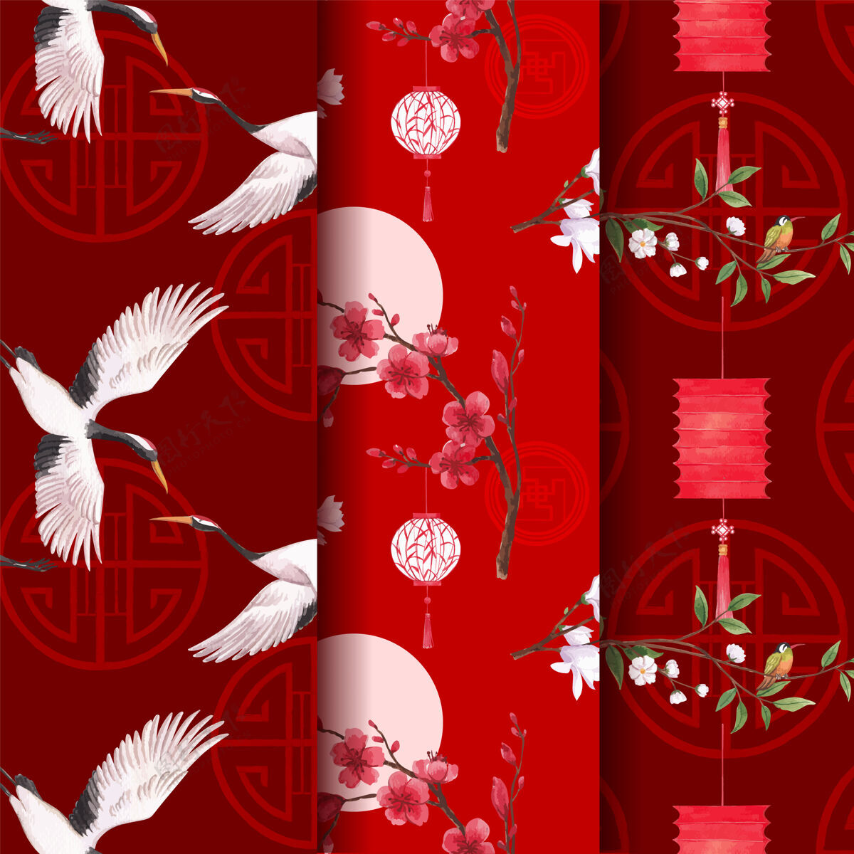 中国新年图案模板与欢乐春节概念设计水彩插画开花中国市场营销
