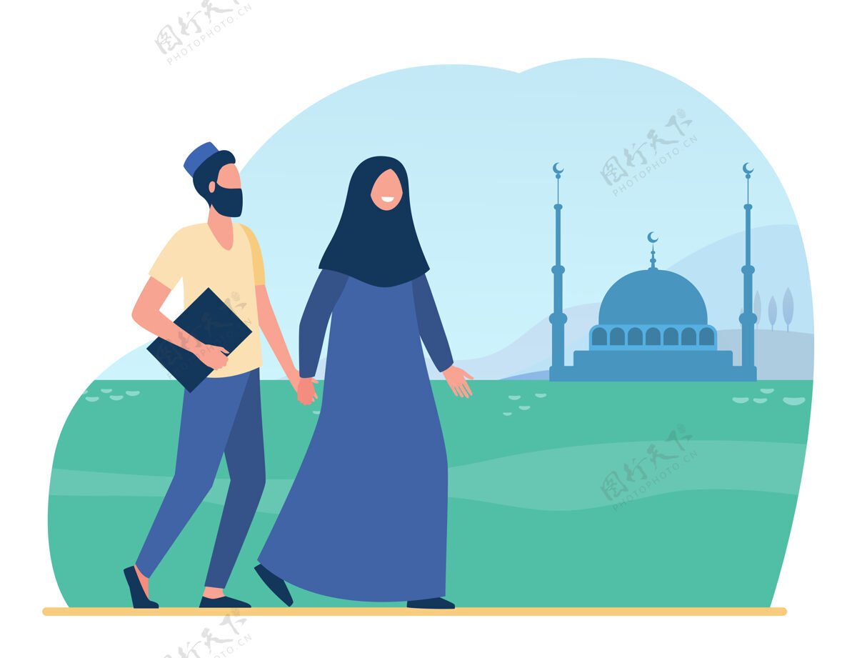人物穆斯林去清真寺伊斯兰教 头巾 礼拜平面插图卡通插图信仰民族穆斯林