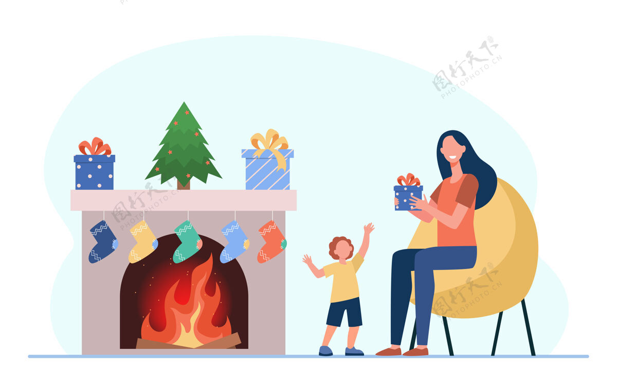 圣诞节孩子和妈妈庆祝圣诞节妈妈在壁炉里给男孩礼物卡通插图父母礼物装饰