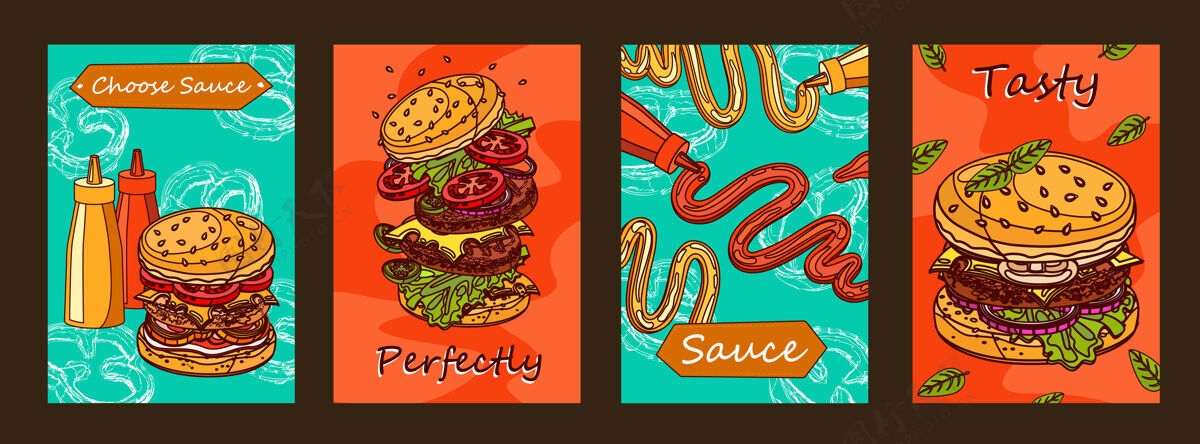 番茄五颜六色的海报设计与汉堡和酱汁奶酪不健康垃圾