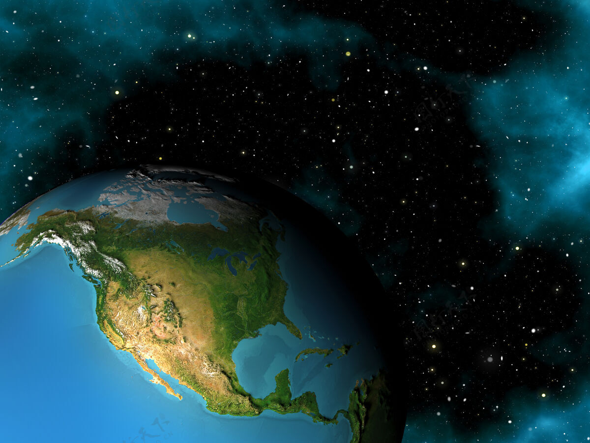 夜空三维渲染的空间场景与地球在星空科幻夜晚地球