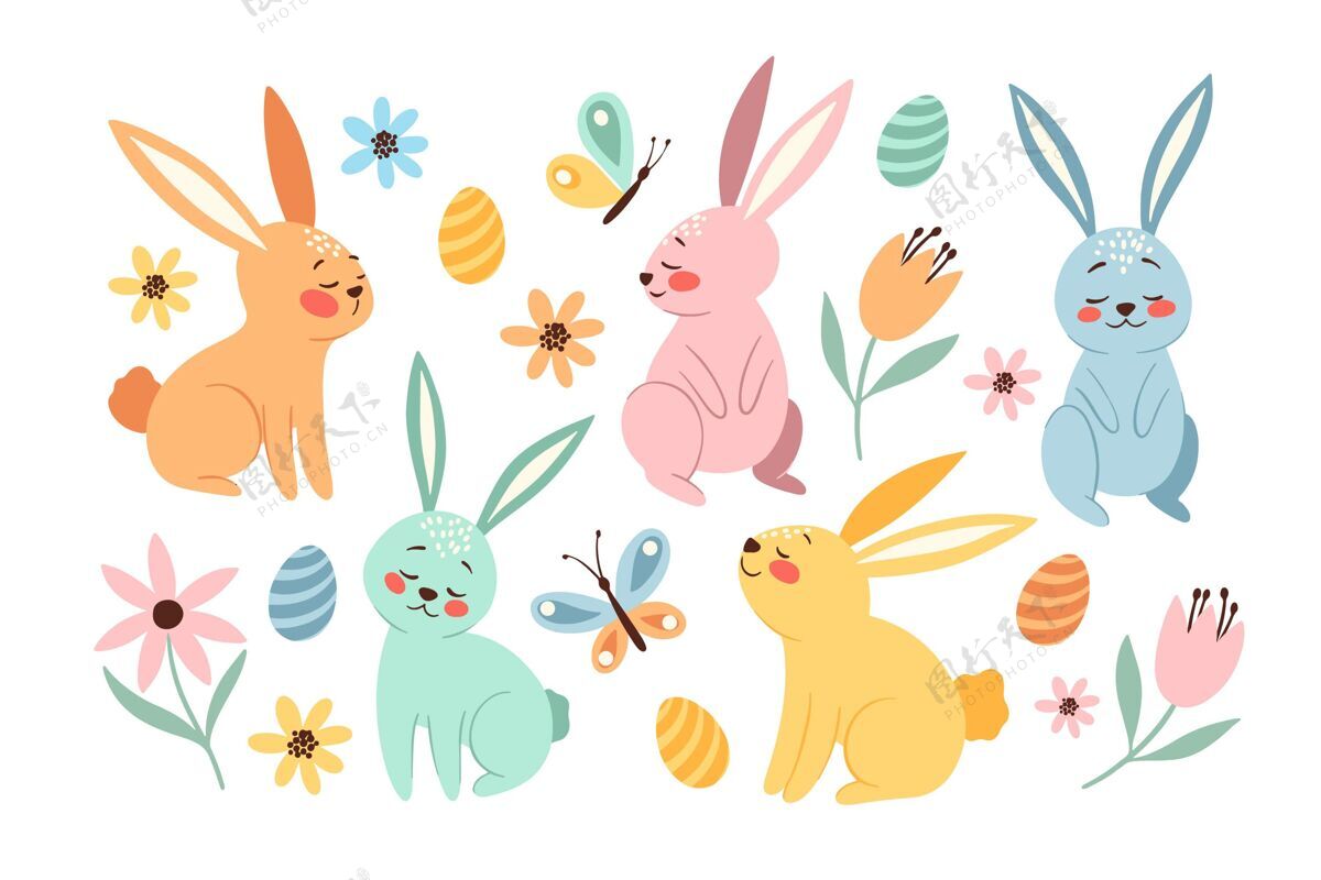 设置手绘复活节兔子系列可爱可爱分类