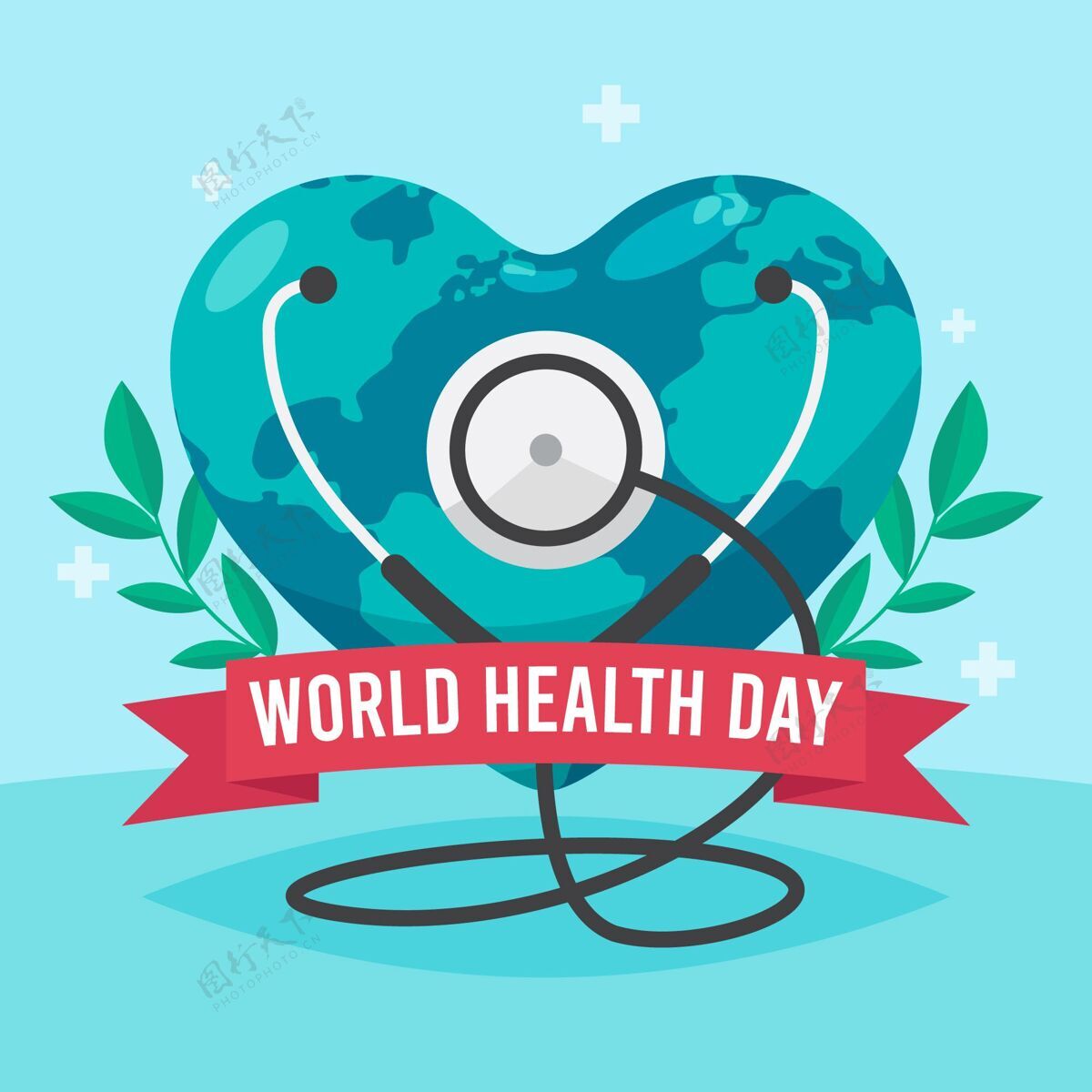 全球手绘世界卫生日插图与心形行星和听诊器医学听诊器手绘