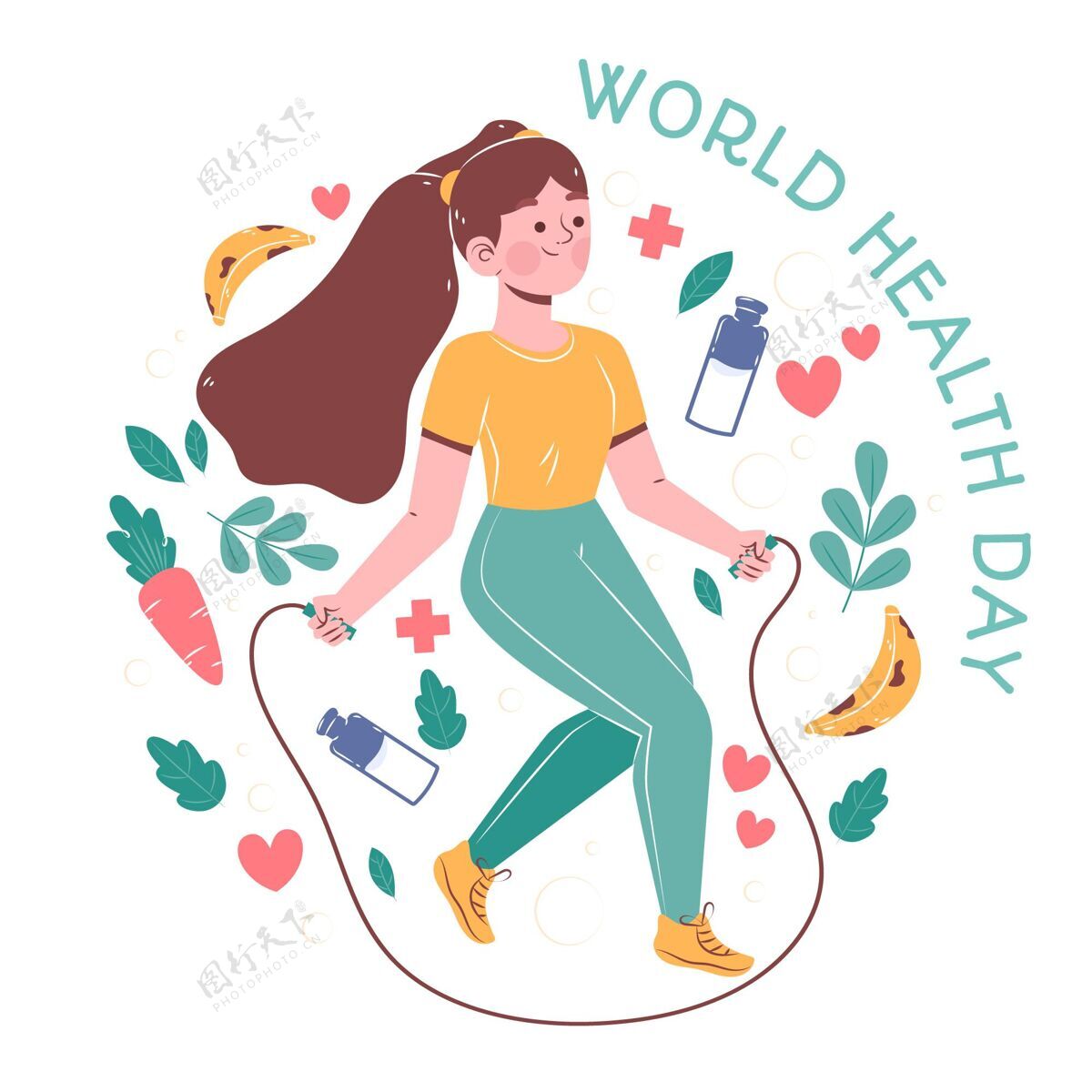 插图手绘世界卫生日妇女跳绳插画医疗活动跳绳