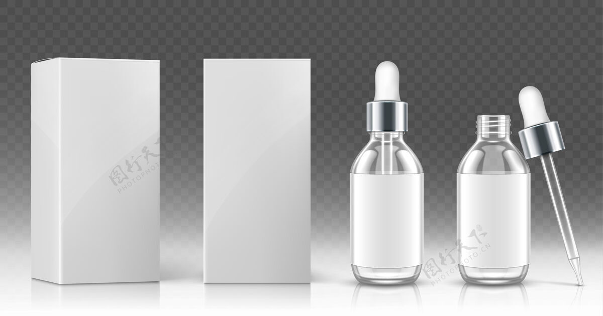 正面玻璃滴管瓶化妆品油或血清和白色包装盒在前面和角度看奢侈品滴剂基本