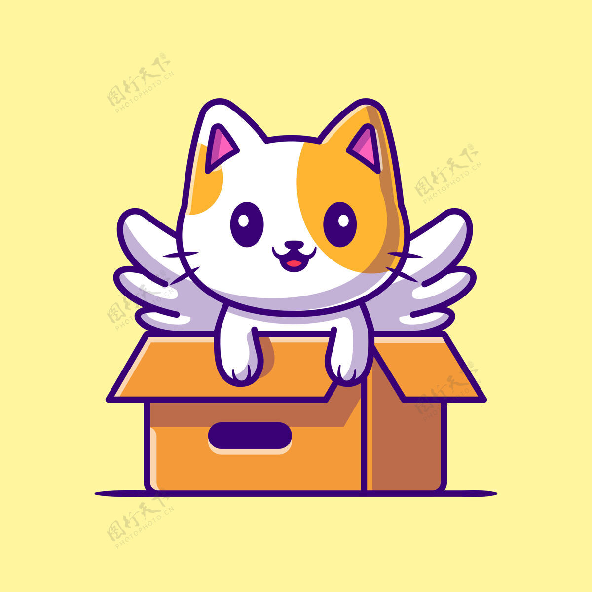 毛绒绒可爱的猫独角兽在盒子里玩卡通图标插图人物邮政吉祥物