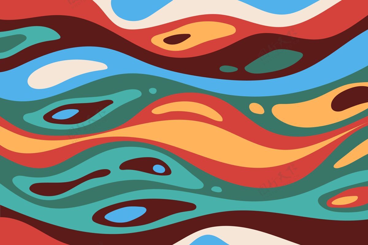 墙纸迷幻与抽象形状的groovy背景Swoosh平面手绘背景
