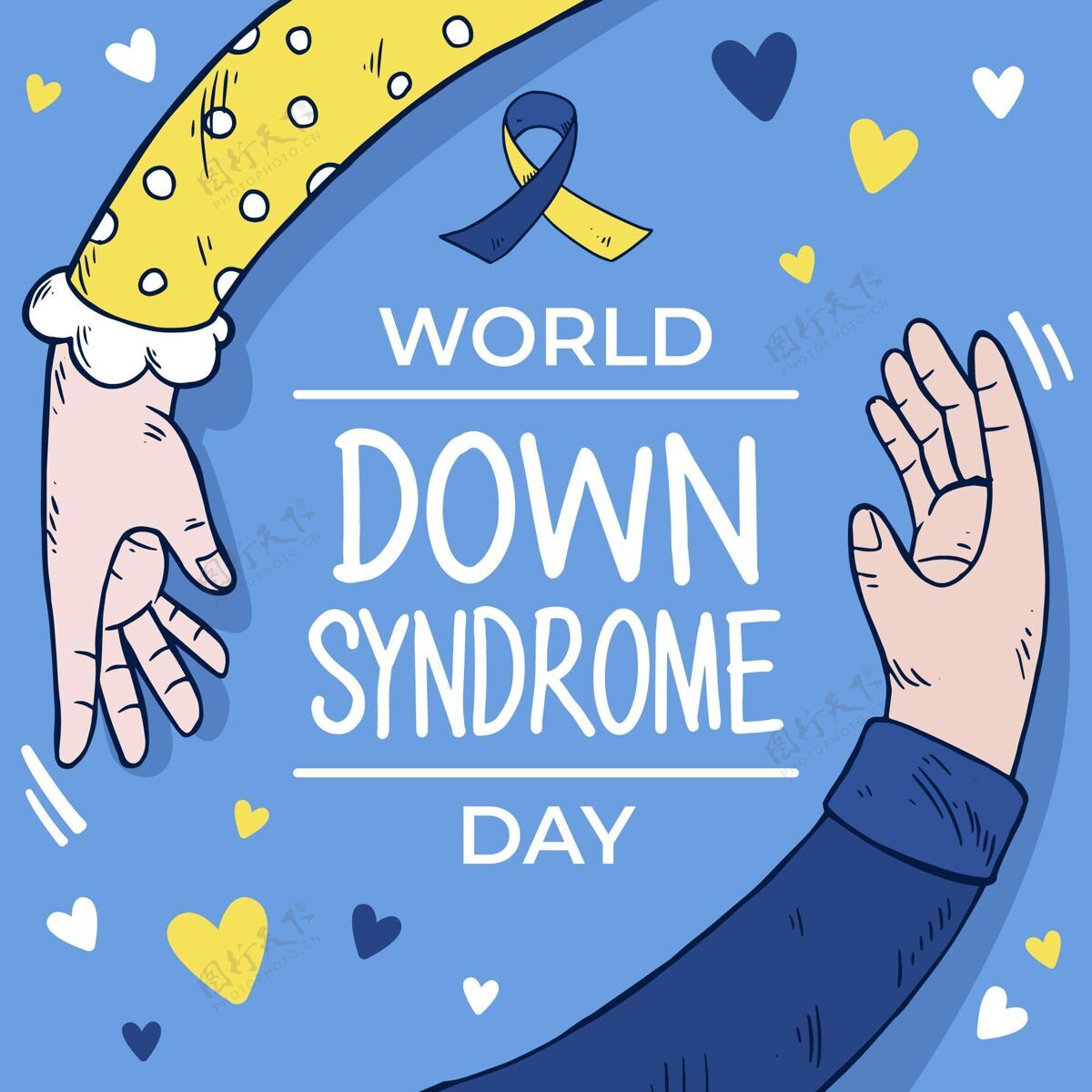 全球手绘世界唐氏综合征日插图与手和心残疾疾病世界