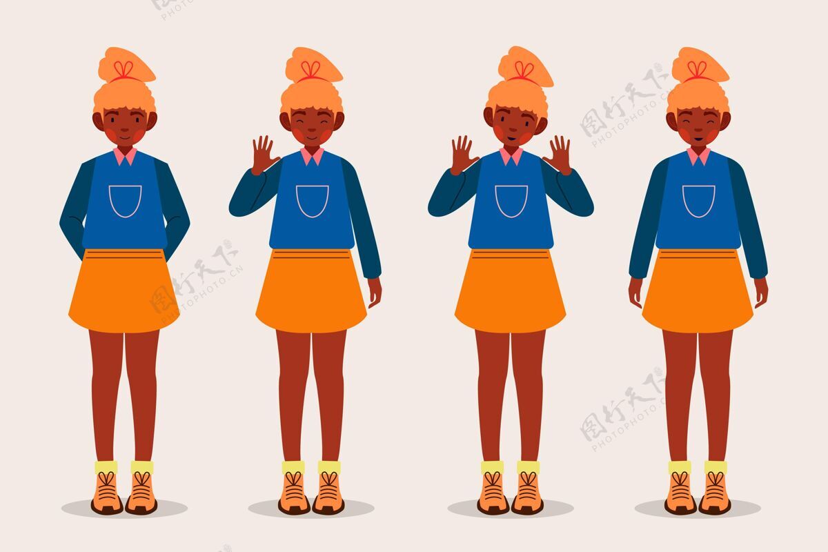 插图平面手绘不同姿势的黑人女孩非裔美国人扁平套装