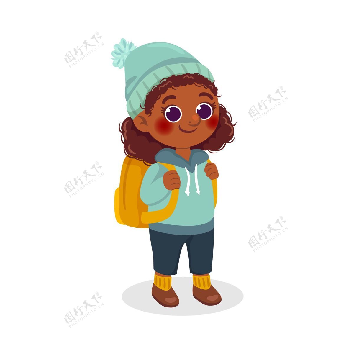 可爱卡通黑色女孩与背包插图可爱孩子背包