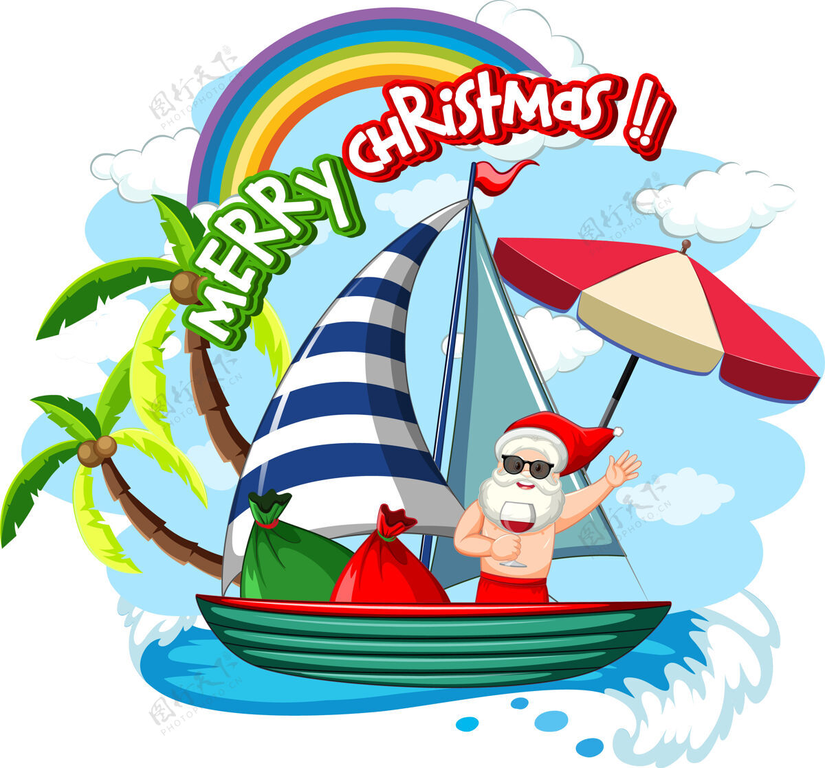 基督圣诞老人在夏天的船上主题热沙子海洋