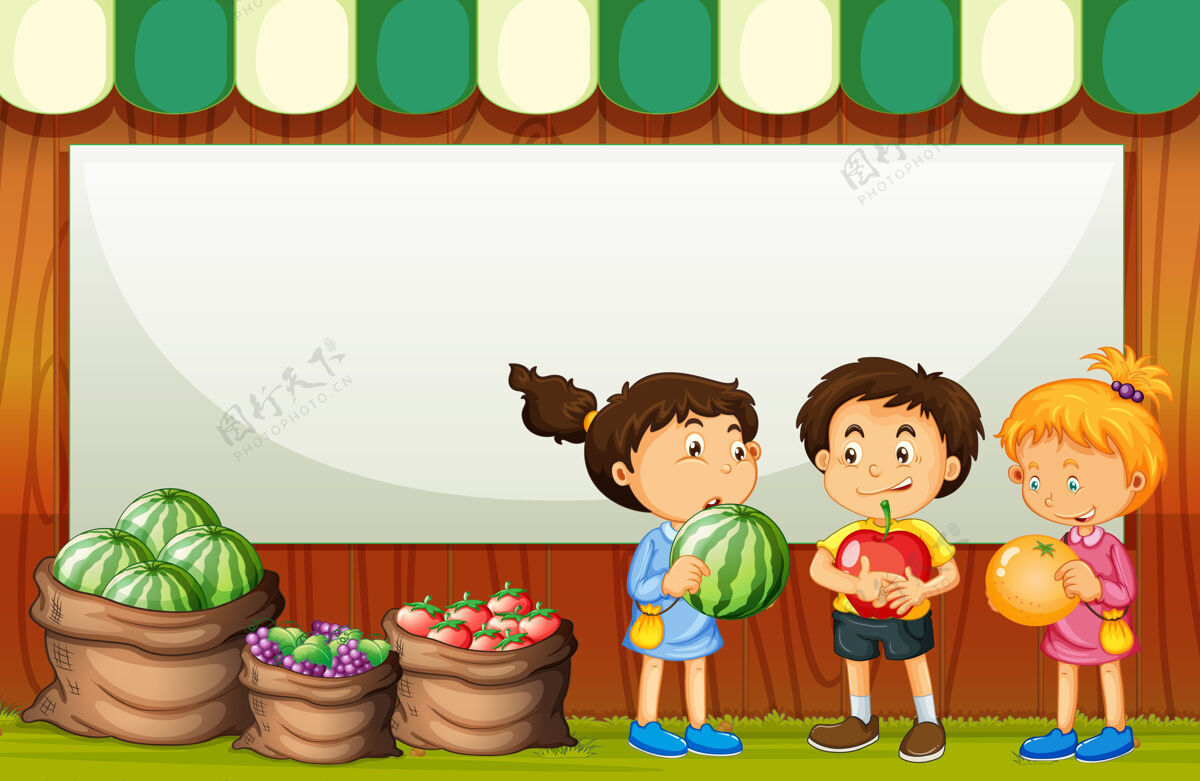 自然空白横幅与三个孩子在水果市场的主题外面标志空白
