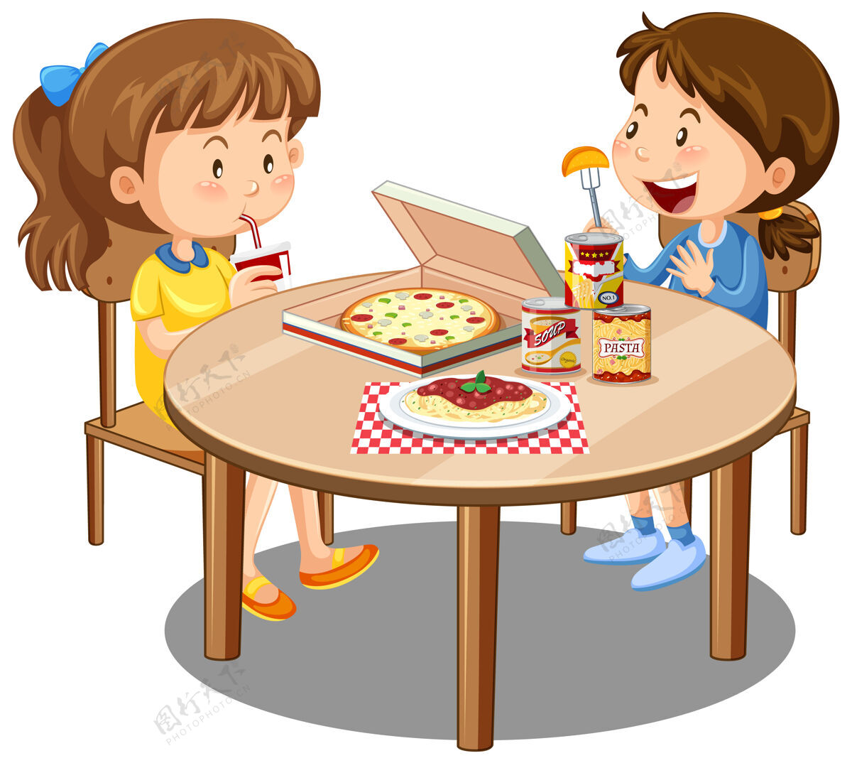 微笑两个可爱的女孩喜欢在白色背景的桌子上吃饭女人美味伴侣