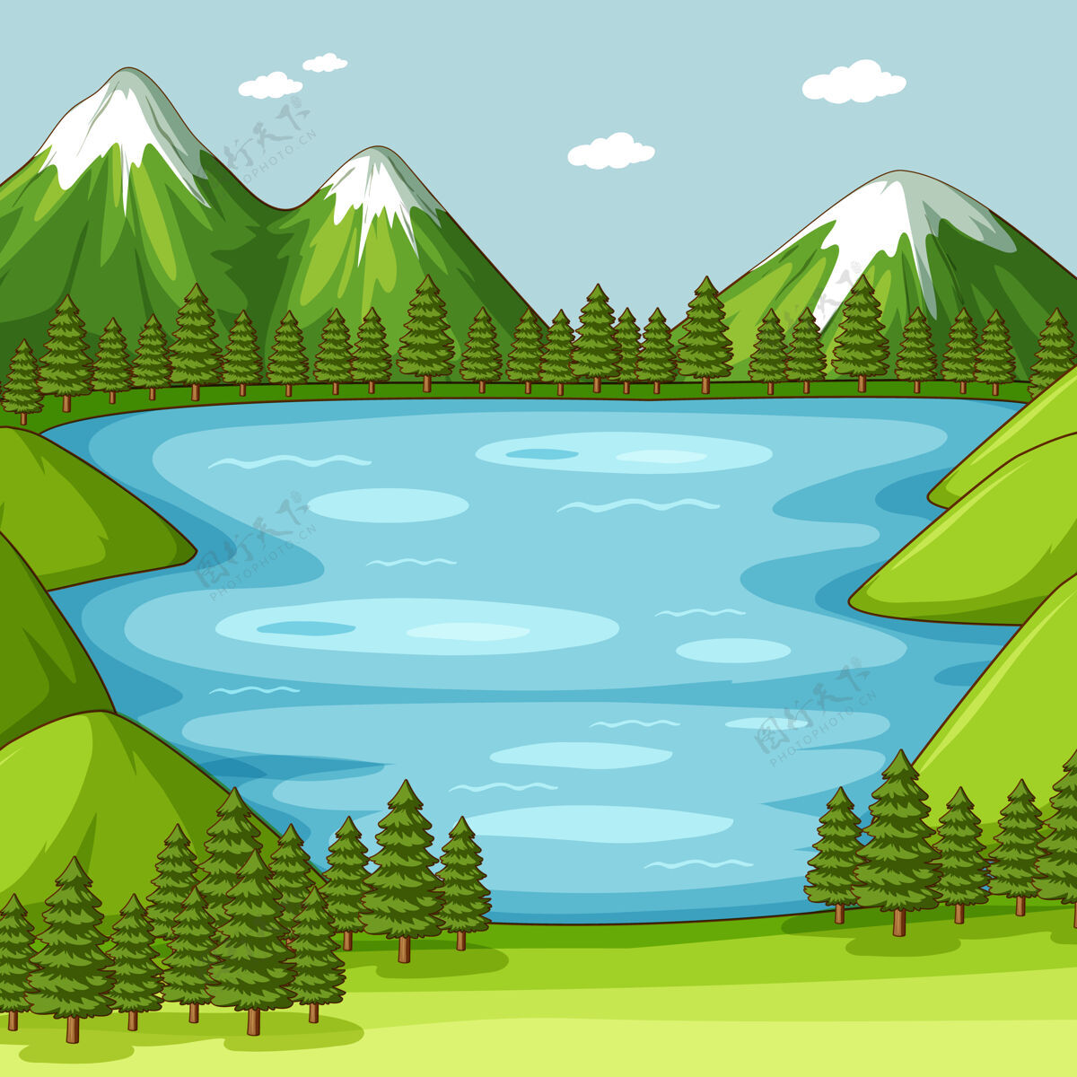 季节空旷的绿色自然景观与湖泊户外夏天剪贴画