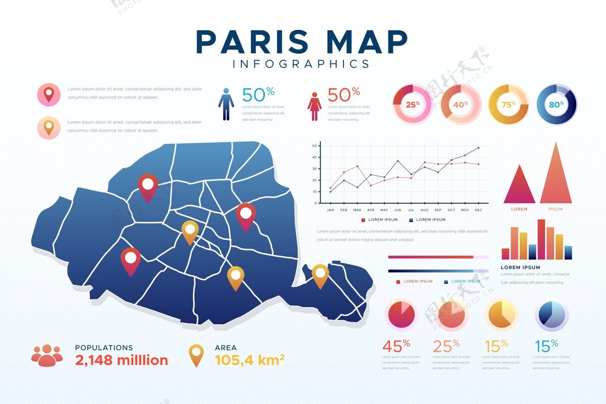 图表渐变巴黎地图信息图数据增长图表