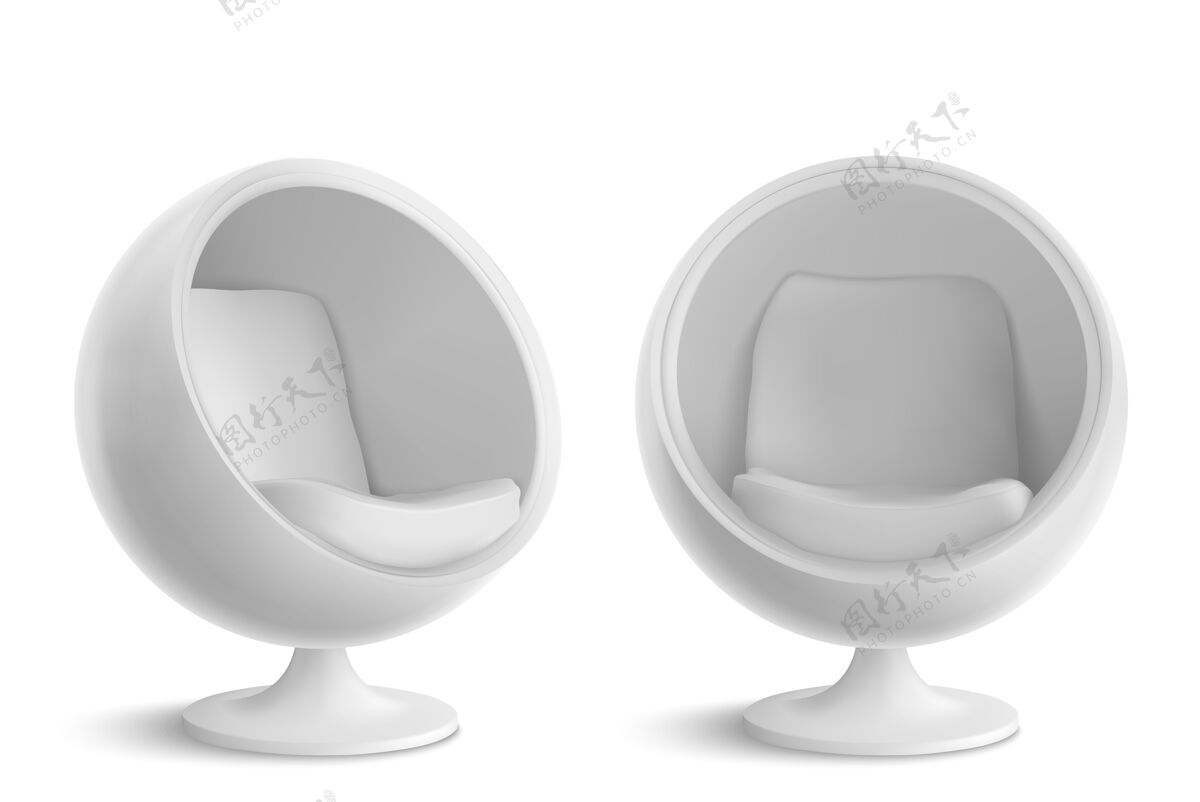 鸡蛋白色球椅 正面和角度视图前面家具圆形
