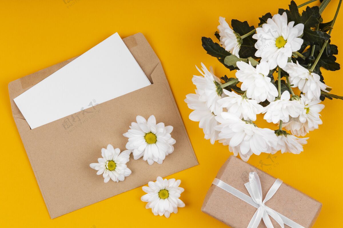 卡片各种各样的白花和信封和包装礼物蔬菜开花植物