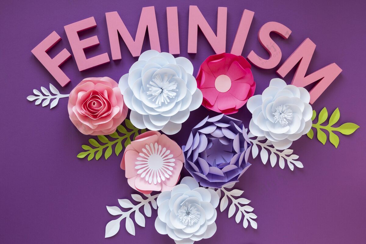 平面妇女节用女权主义字样的纸花俯视图俯视水平意识
