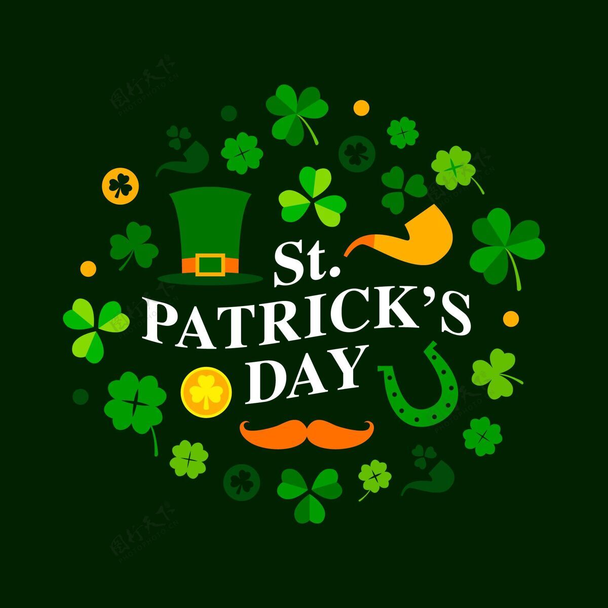 爱尔兰带烟斗和帽子的圣帕特里克节插图硬币圣帕特里克节三叶草