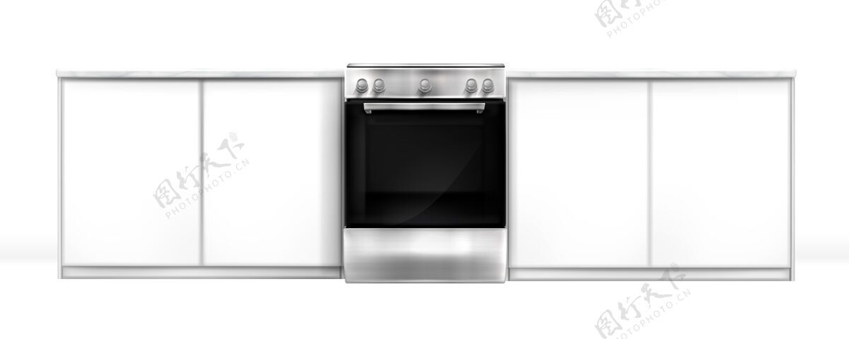 家厨房桌子上的烤箱 内置电器 封闭的银色炉子和橱柜前视图家用工艺 白色背景上隔离的家用科技设备 逼真的3d矢量模型房子橱柜设备