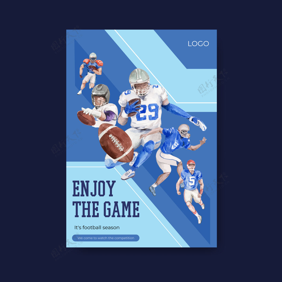 保护海报模板与超级碗运动概念设计的宣传册和广告水彩矢量插图头盔宣传册运动员