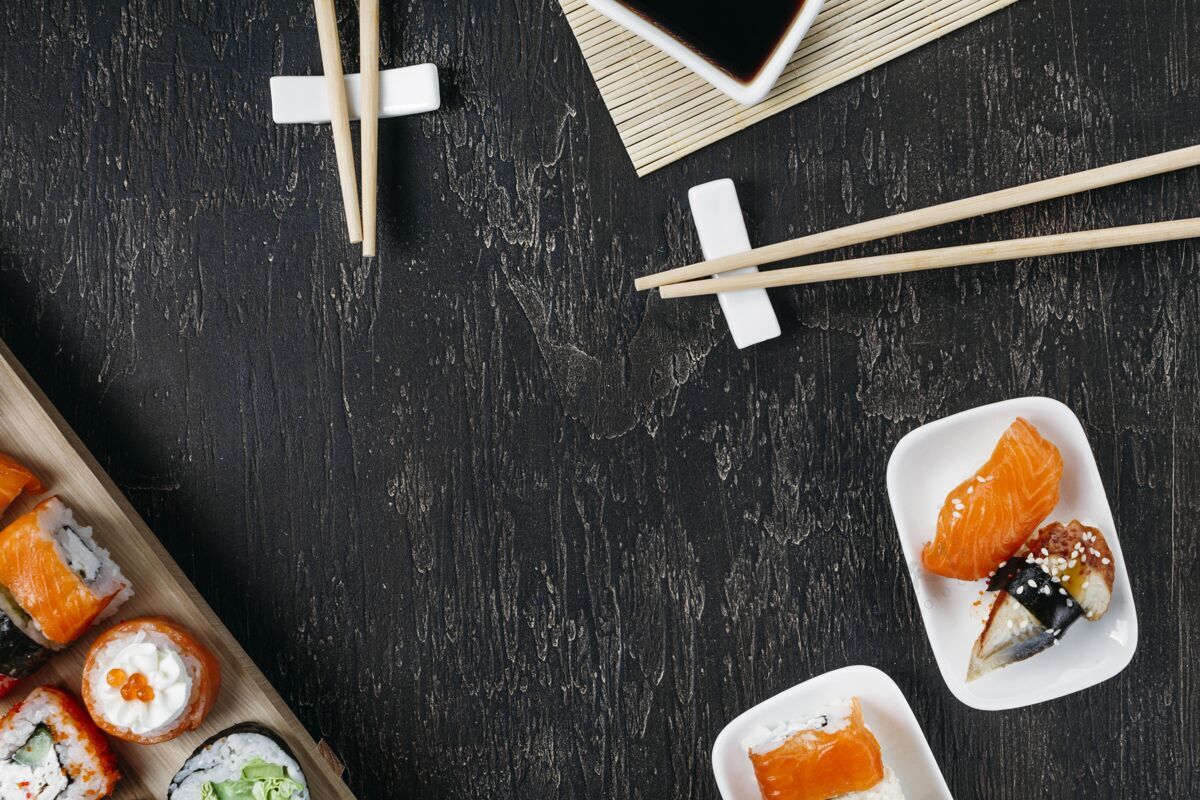 传统顶视图传统日本寿司与复制空间组成食物亚洲