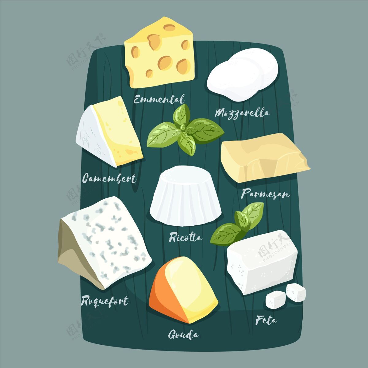 套餐木板上的奶酪种类吃食物饮食