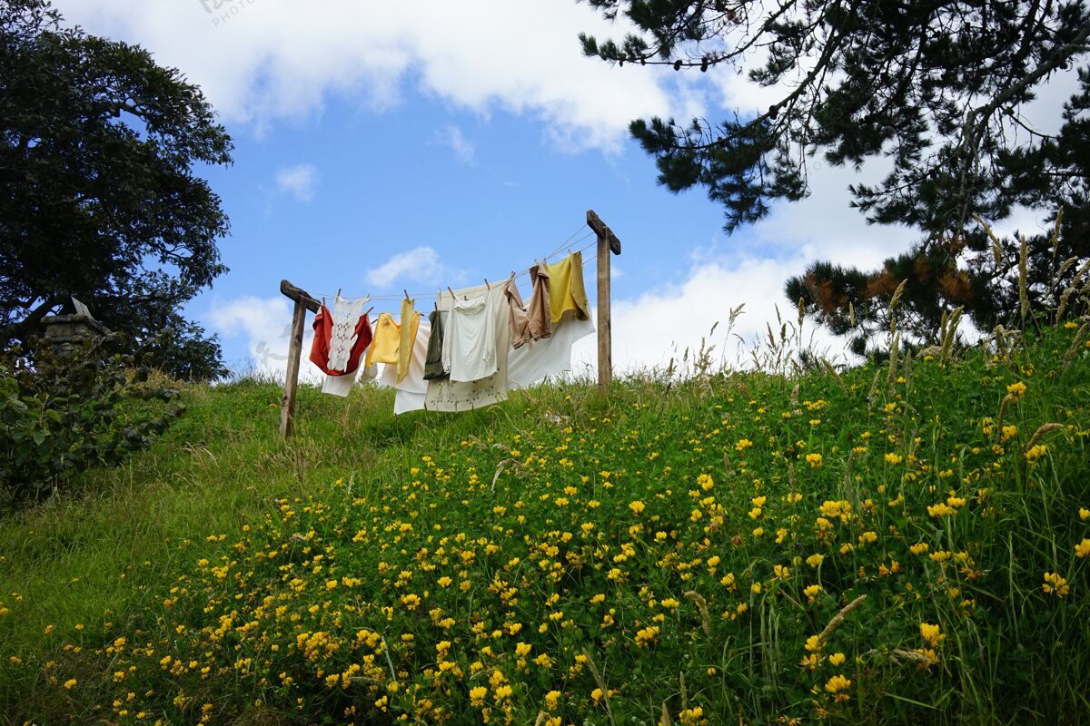 风新洗的衣服在蓝天下的花园里晾干的美丽照片明亮衣服五颜六色