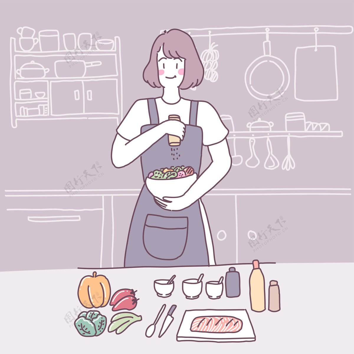 生活方式矢量平面插图与一个女孩谁在厨房做饭晚餐厨师妻子