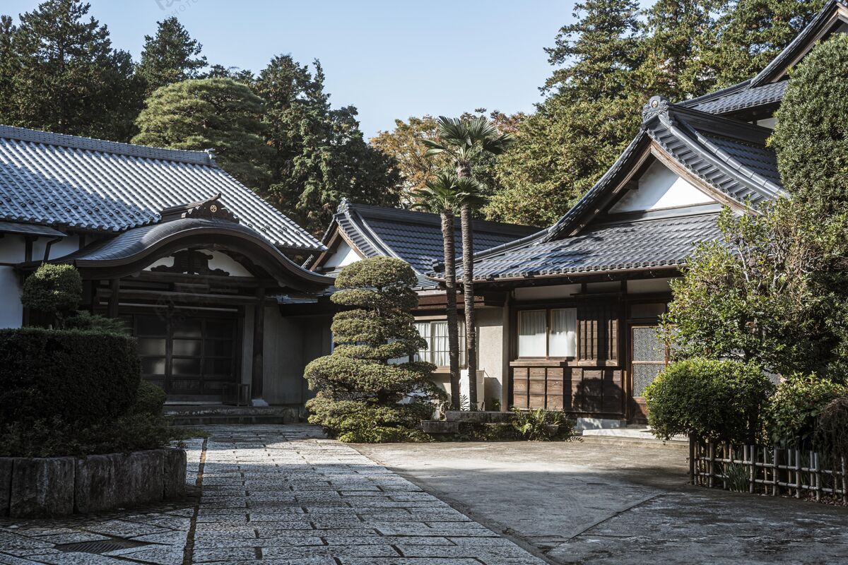圣殿日本寺庙建筑群的正视图建筑传统寺庙