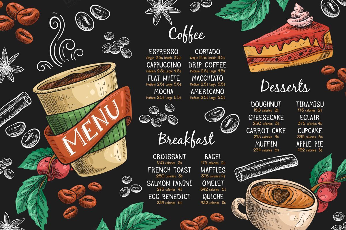 选择横向菜单模板与咖啡和甜点服务营养部分