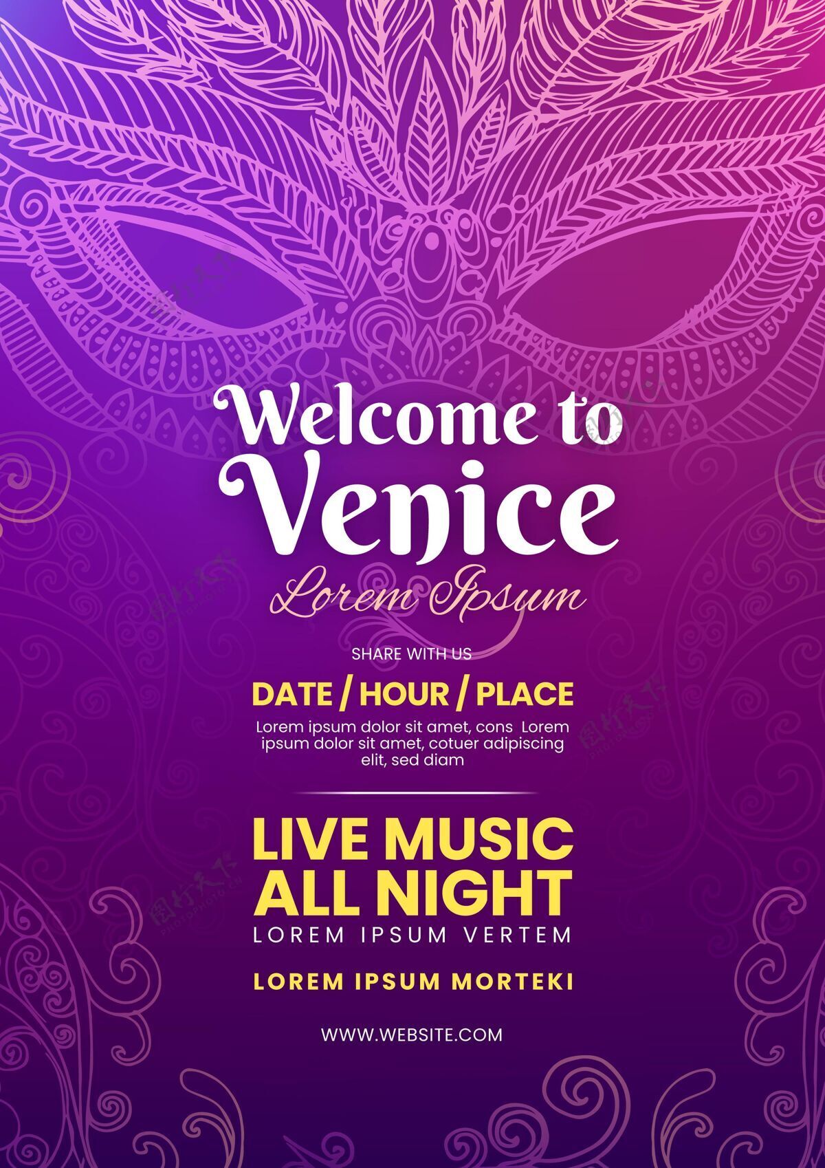 绘画威尼斯狂欢节海报模板在紫罗兰色调威尼斯人嘉年华海报活动