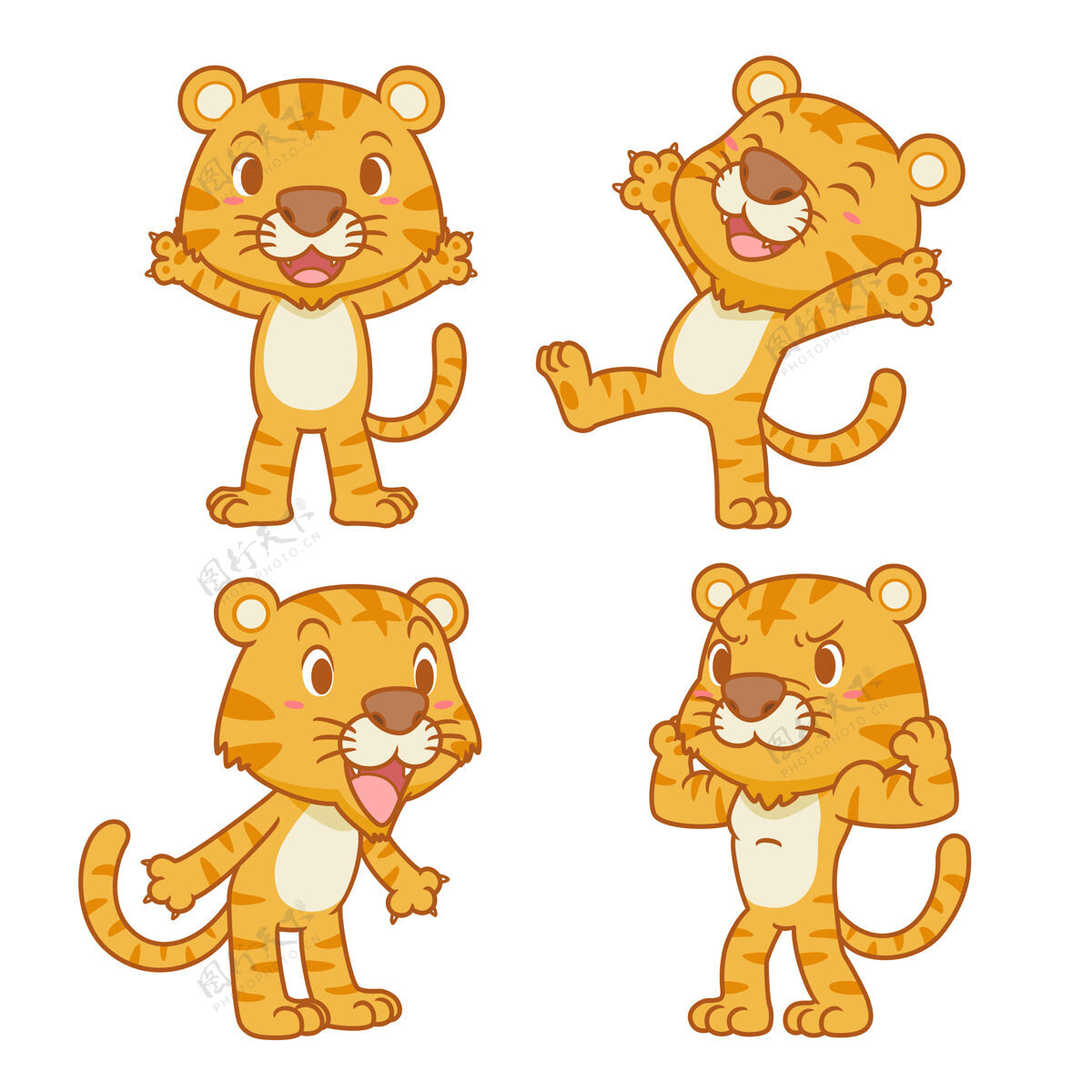 宝贝一组不同姿势的可爱卡通老虎庆祝猫丛林